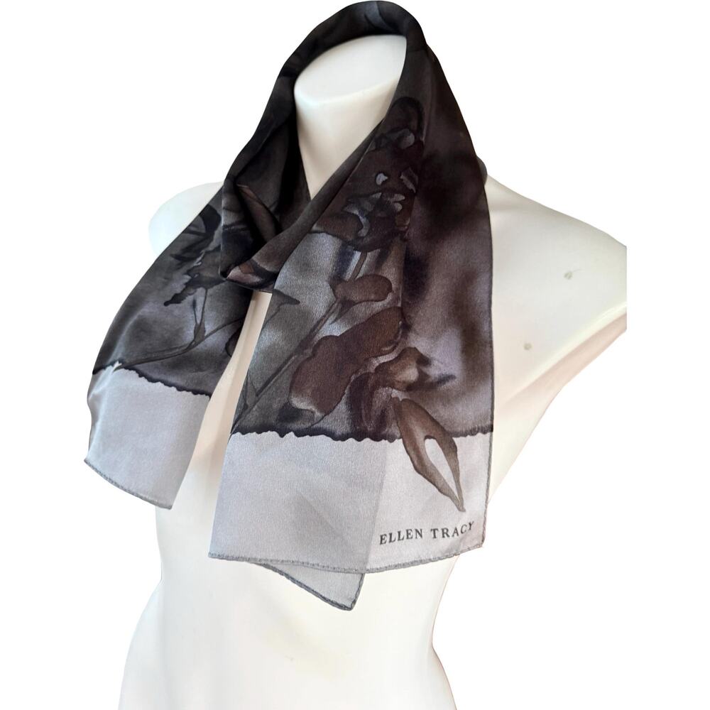 Vintage Ellen Tracy 90s Silk Scarf Gray Black Floral Formal NWOT 11x52 - Picture 2 of 10